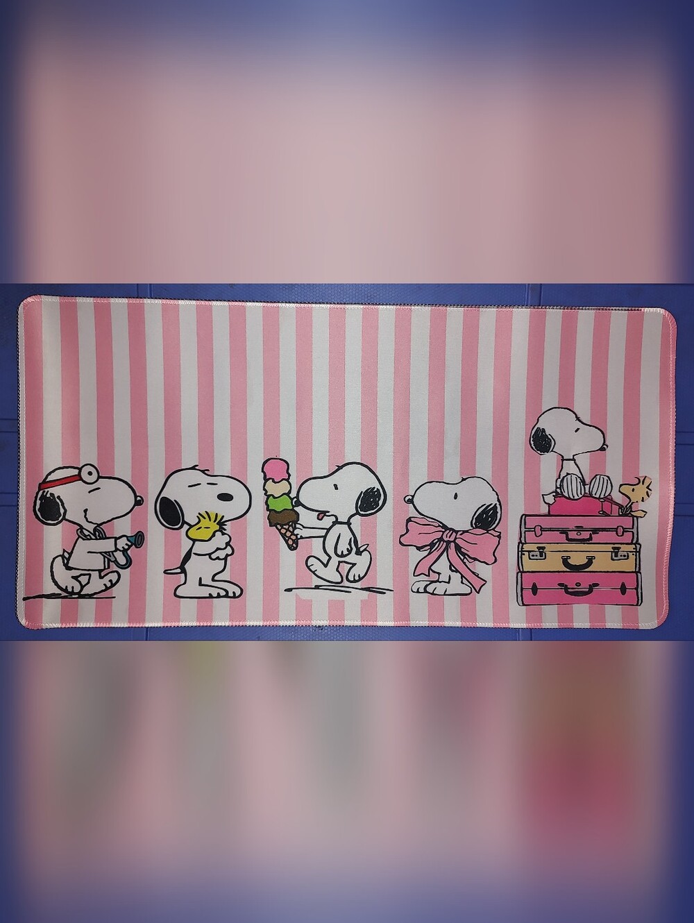 New! Peanuts Pink and White Stripe Panel Desk Mat Mouse Pad 12"X24"
